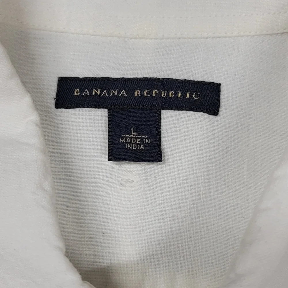 Banana Republic Shirt Mens White 100% Linen Embroidered Guayabera Short Sleeve L